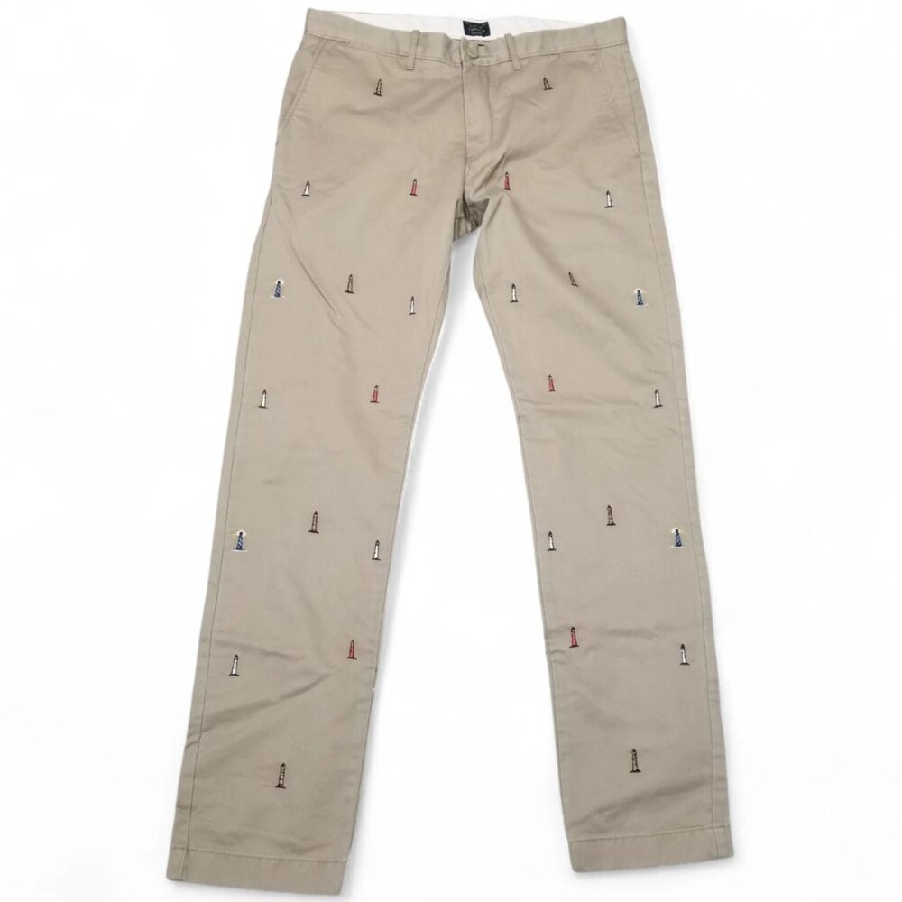 J Crew Broken In 484 Pants Mens 29x30 Khaki Lighthouse Embroidered Chinos Casual